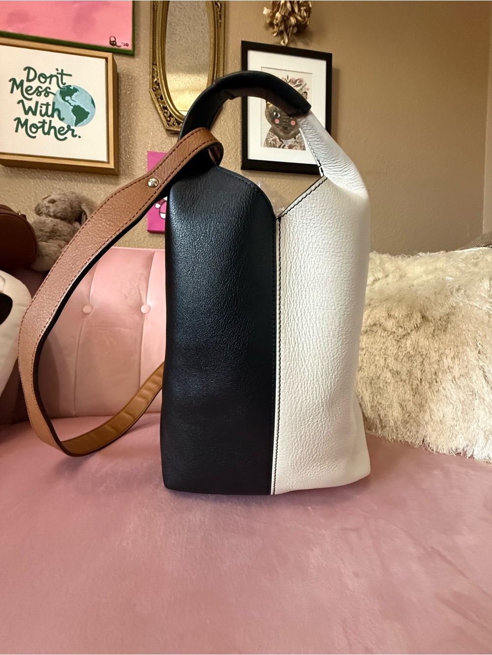 💯 Auth! Elena Ghisellini Colorblock Shoulder/Crossbody Cream Brown Black Leather - Picture 6 of 14